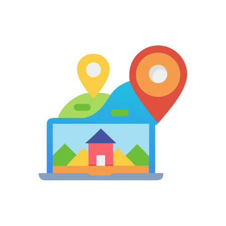 Laptop with landscape view and geolocation markers on displayのイラスト素材