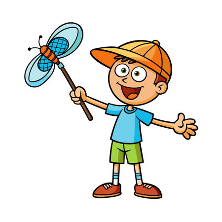 Cartoon boy catching butterfly with net outdoor scene illustrationのイラスト素材