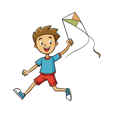 Joyful cartoon boy runs flying a colorful kiteのイラスト素材
