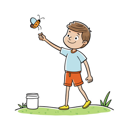 Boy chasing a butterfly outdoors with a jar nearbyのイラスト素材