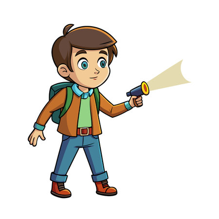 Cartoon boy explorer with flashlight and backpack illustrationのイラスト素材