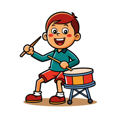 Cartoon boy enthusiastically playing a drum set illustrationのイラスト素材