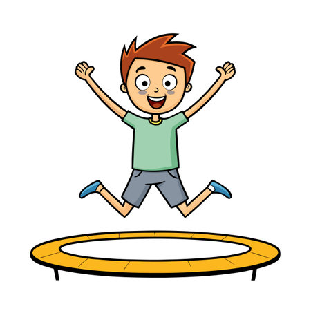 Happy cartoon boy jumping on a trampoline with joyのイラスト素材