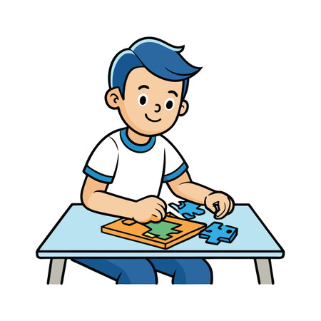 Boy solving puzzle on table colorful cartoon illustrationのイラスト素材