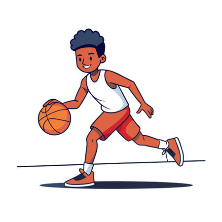 Cartoon basketball player dribbling ball while running energetically forwardのイラスト素材