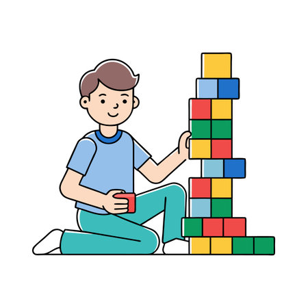 Boy builds tower using colored blocks on a white backdropのイラスト素材