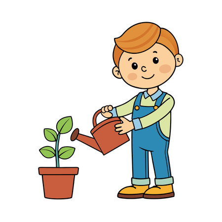 Boy waters a plant in a pot, cartoon styleのイラスト素材