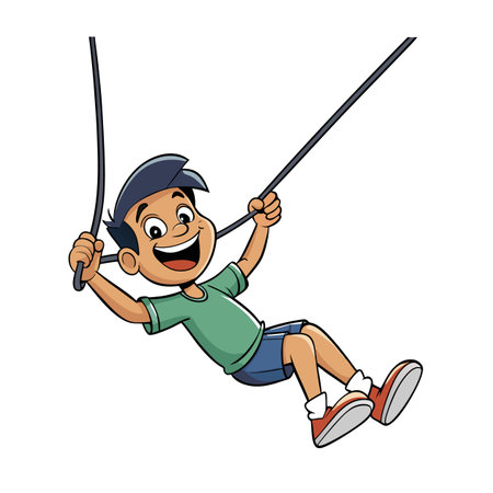 Joyful cartoon boy swinging on rope with happy expressionのイラスト素材
