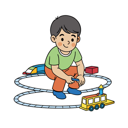 Boy playing with a toy train set illustrationのイラスト素材