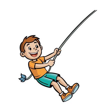 Cartoon boy swinging on rope joyfully having fun outsideのイラスト素材