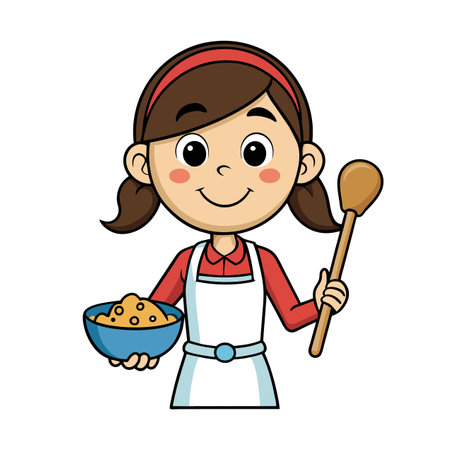 Cartoon Baker Girl Holding Mixing Bowl and Wooden Spoonのイラスト素材