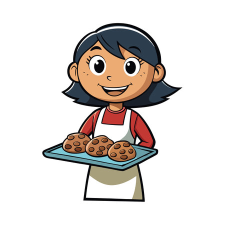 Smiling cartoon girl baking cookies on tray in kitchenのイラスト素材