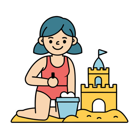 Young girl playing with sand and making sandcastleのイラスト素材