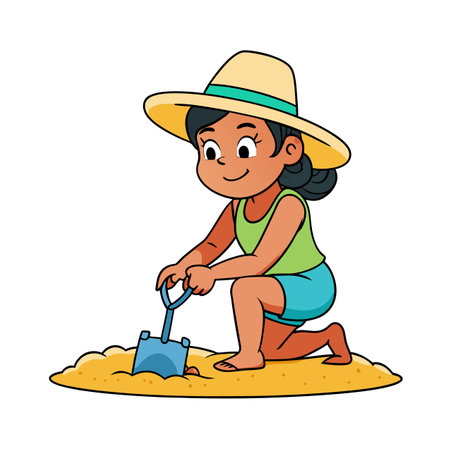 Child playing in sand with shovel on the beachのイラスト素材