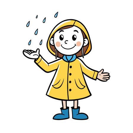 Happy child in raincoat playing in the rain cartoonのイラスト素材