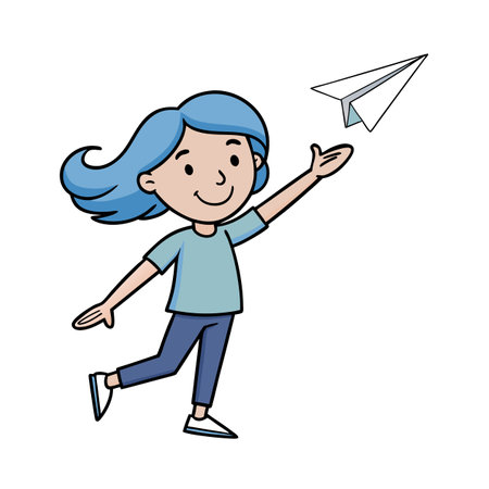 Girl launches a paper airplane with smile on faceのイラスト素材