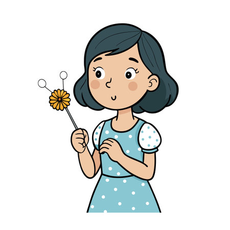 Girl with flower wand in cartoon illustration styleのイラスト素材