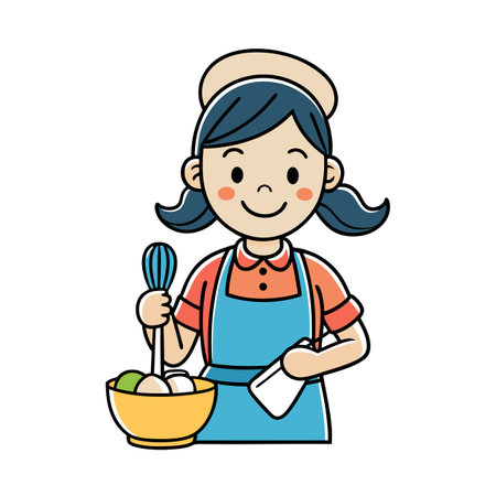 Cartoon woman baking with ingredients in a yellow bowlのイラスト素材