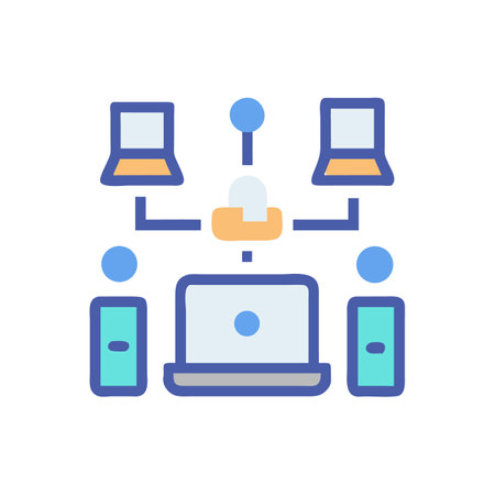 Networked computers and people connect to a central serverのイラスト素材