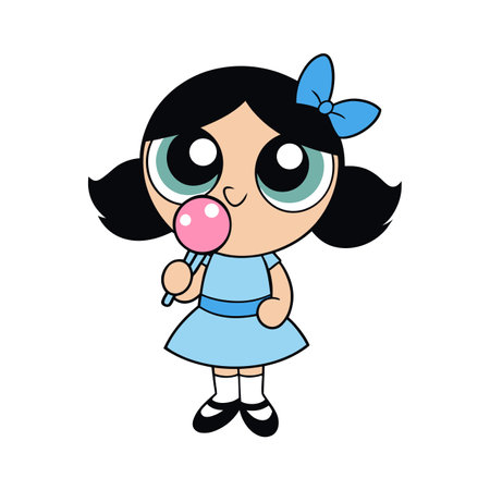 Cute cartoon girl with lollipop wearing a blue dressのイラスト素材