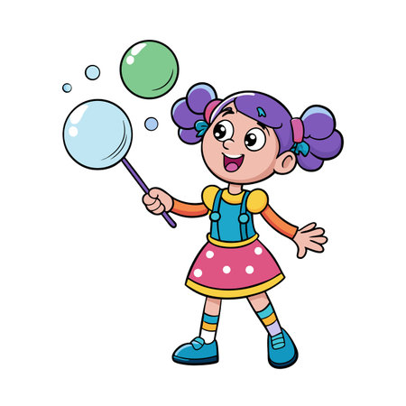 Cartoon girl creates bubble wand magic with soapのイラスト素材
