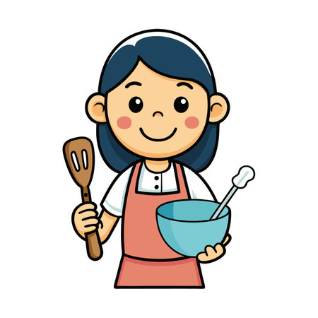 Cartoon woman baking with bowl and kitchen utensil setのイラスト素材