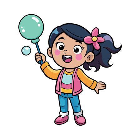 Happy cartoon girl playing with bubbles on white backdropのイラスト素材