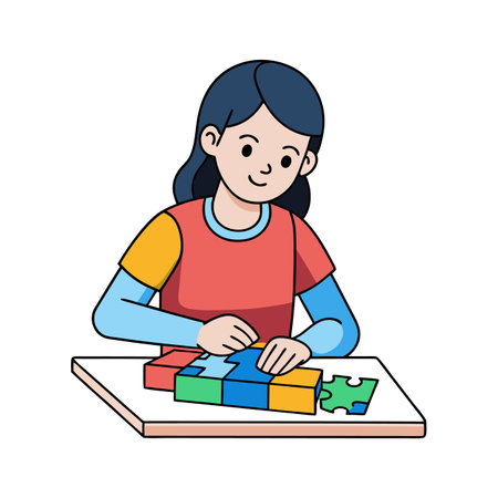 Girl solving a colorful jigsaw puzzle on a tableのイラスト素材