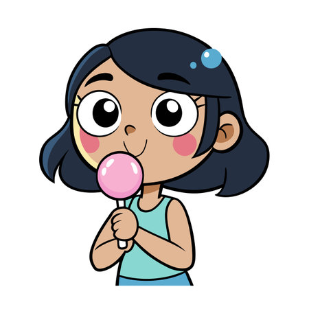 Cheerful girl cartoon character enjoying lollipop candy treatのイラスト素材