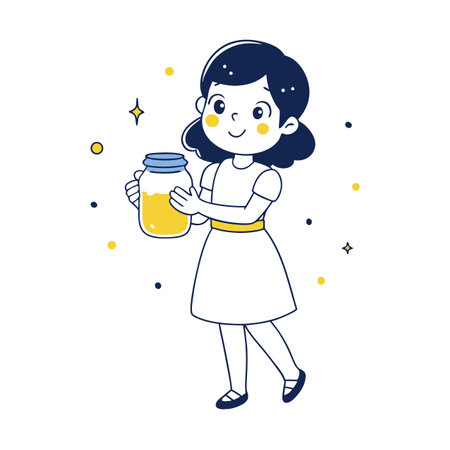 Cartoon girl holding jar with yellow liquid contentのイラスト素材