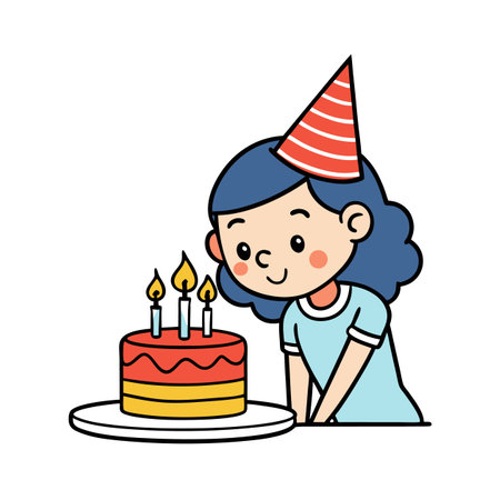 Cartoon girl celebrating birthday with cake and candlesのイラスト素材