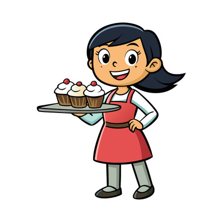 Cheerful girl offering cupcakes cartoon style isolated illustrationのイラスト素材