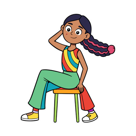 Cartoon woman sitting on a stool in colorful outfitのイラスト素材