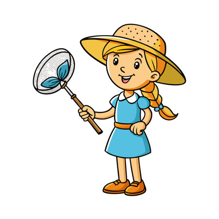 Girl With Net Capturing Leaves Isolated on White Backgroundのイラスト素材