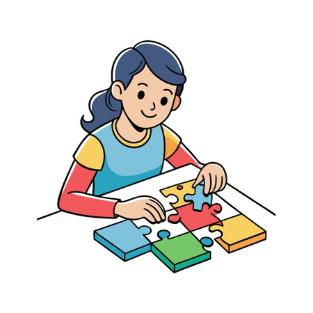 Girl assembling a puzzle, problem solving and educational conceptのイラスト素材