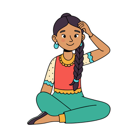 Illustration of a woman in traditional outfit sitting cross-leggedのイラスト素材