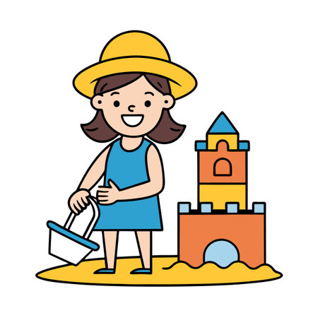 Girl building a sandcastle at the beach cartoon illustrationのイラスト素材