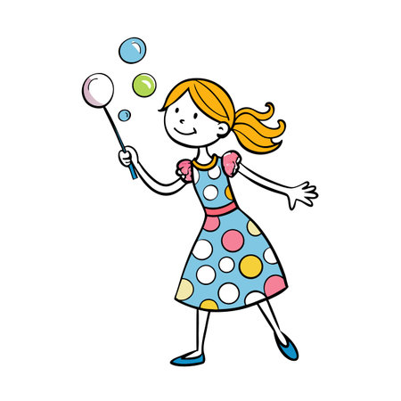 Happy girl making bubbles with wand on white backgroundのイラスト素材