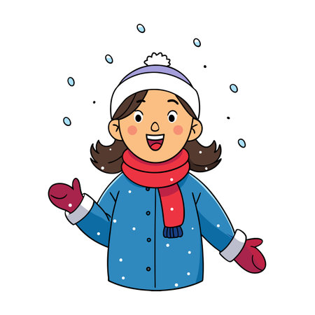Girl enjoying the snow in winter clothes illustration styleのイラスト素材