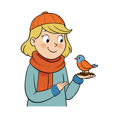 Cartoon girl feeding a bluebird, winter scene conceptのイラスト素材