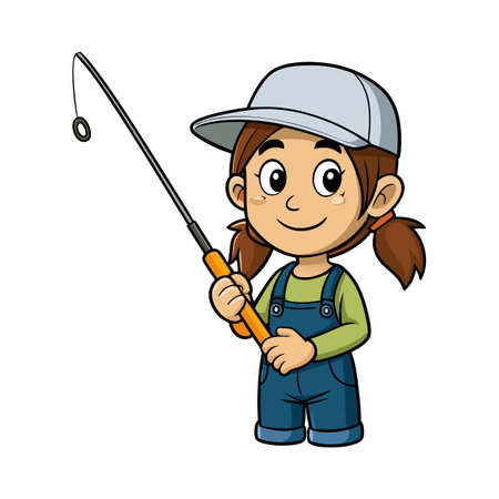 Cartoon girl fishing with rod wearing overalls and hatのイラスト素材