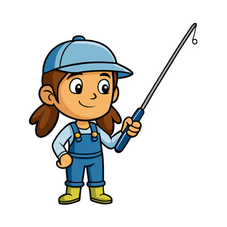Cartoon girl holding fishing rod, dressed in overallsのイラスト素材