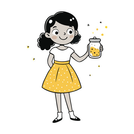 Whimsical Cartoon Girl Holding Jar Full of Firefliesのイラスト素材