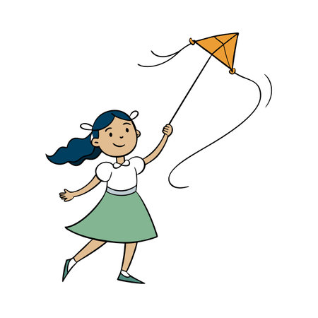 Cartoon girl with kite flying in the wind outdoorsのイラスト素材