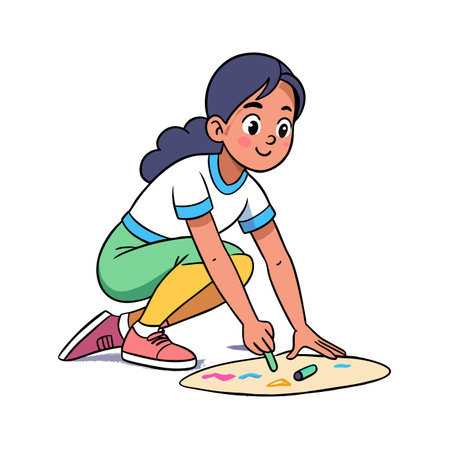 Girl Drawing with Crayons on Large Paper Surfaceのイラスト素材