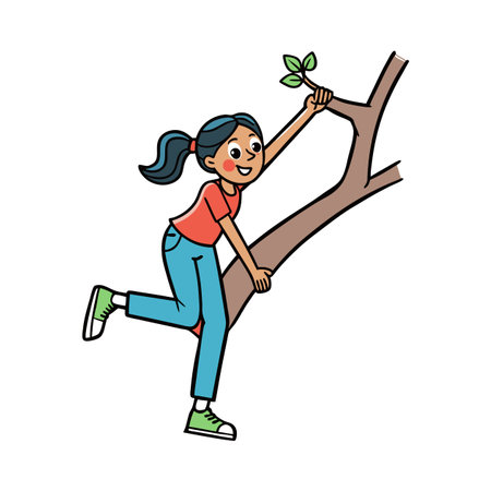 Illustration of a young girl climbing a tree branchのイラスト素材