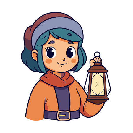 Girl with lantern illustration in cartoonish styleのイラスト素材