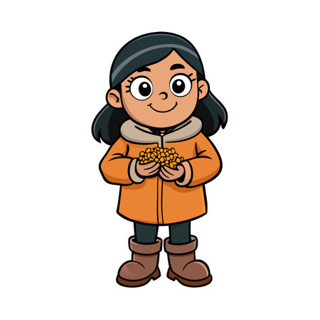 Cartoon girl in winter clothes holds pile of cornのイラスト素材