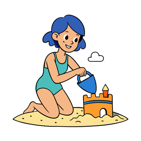 Girl building sandcastle at the beach on a sunny dayのイラスト素材