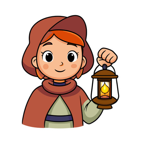 Cartoon girl holding a lantern with bright flame illustrationのイラスト素材